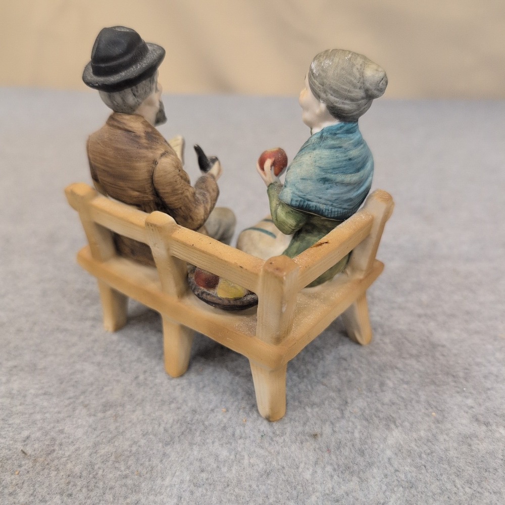 Vintage Hand Painted Porcelain Elderly Couple on Bench Figurine Matte Finish - Picture 3 of 5
